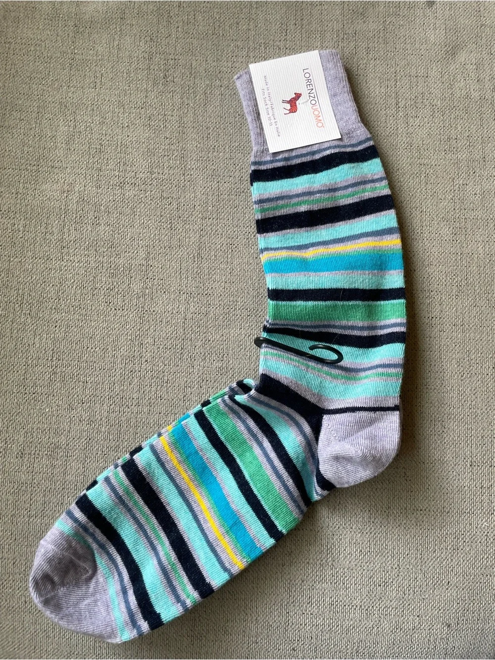 Lorenzo Uomo Men's Multi-Stripe Crew Socks in Gray, Teal & Navy